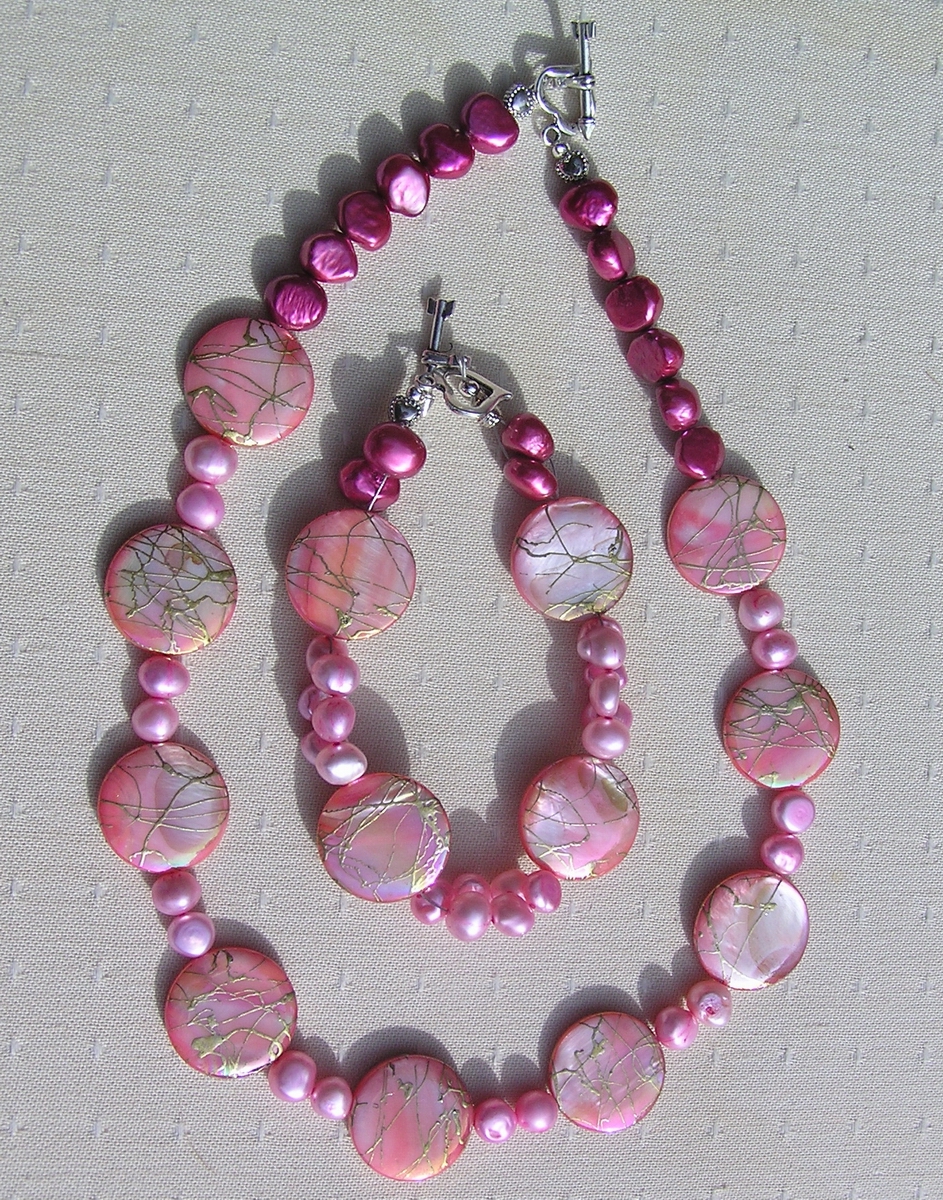 Necklace and Bracelet Set - Mother of Pearl and Freshwater Pearl - "Pink & Gold Fantasia"