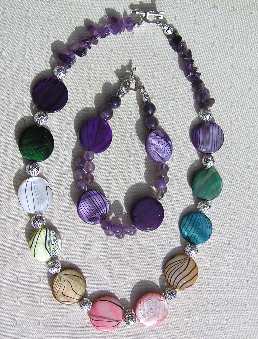Necklace & Bracelet Set - Mother of Pearl and Amethyst Gemstone - "Rainbow Fantasia (2)"