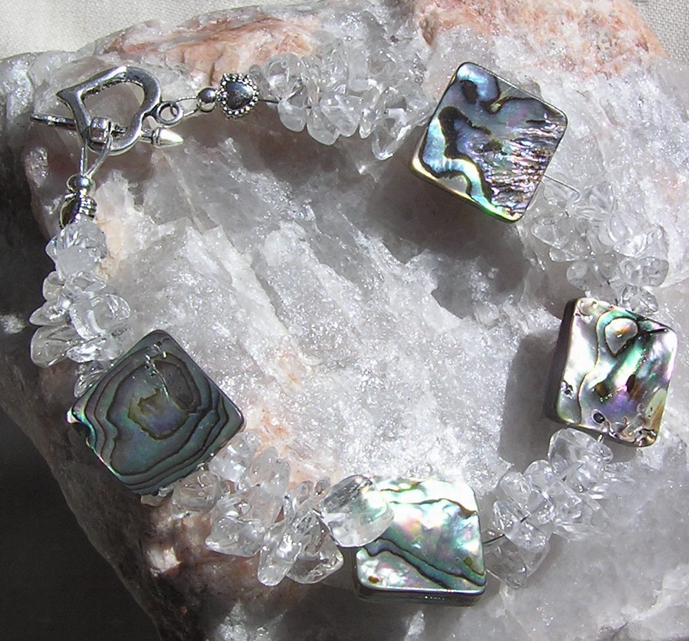 Abalone Shell & Clear Quartz Crystal Gemstone Bracelet - "Crystalos"